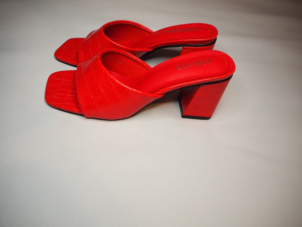 Caissoo Women's Red Croc Embossed Block Heel Slide Sandals Square Toe EU 36